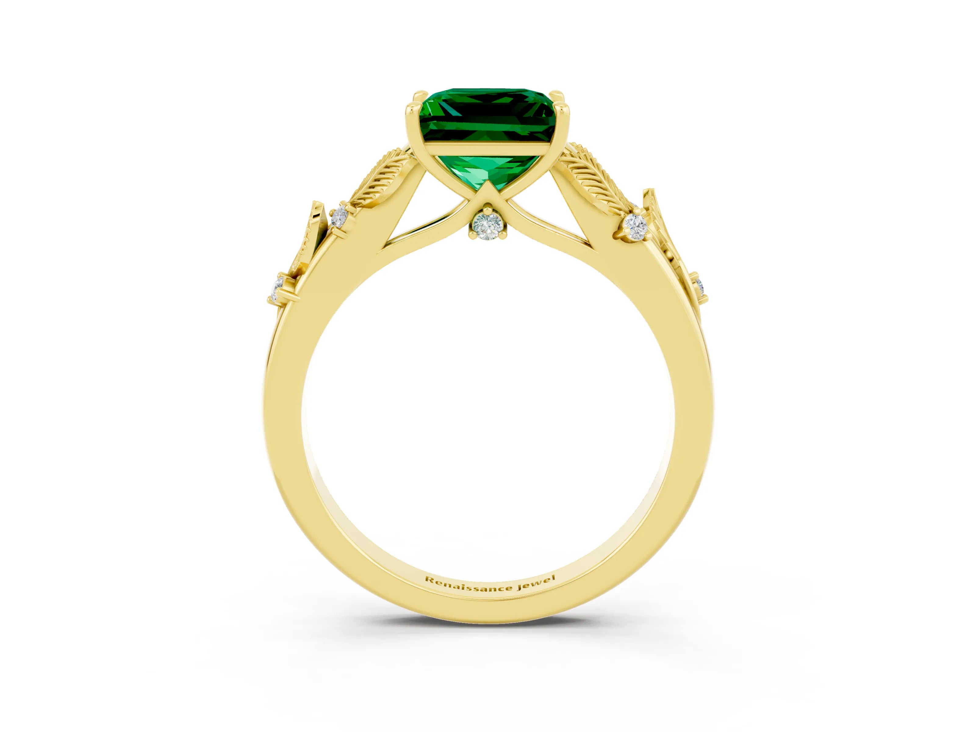 Yellow gold Princess Cut Emerald Solitaire Ring with Leaf Motif Band and Four-Prong Setting_3