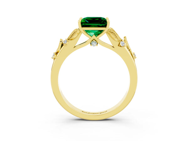 Yellow gold Princess Cut Emerald Solitaire Ring with Leaf Motif Band and Four-Prong Setting