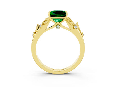 Yellow gold Princess Cut Emerald Solitaire Ring with Leaf Motif Band and Four-Prong Setting_3