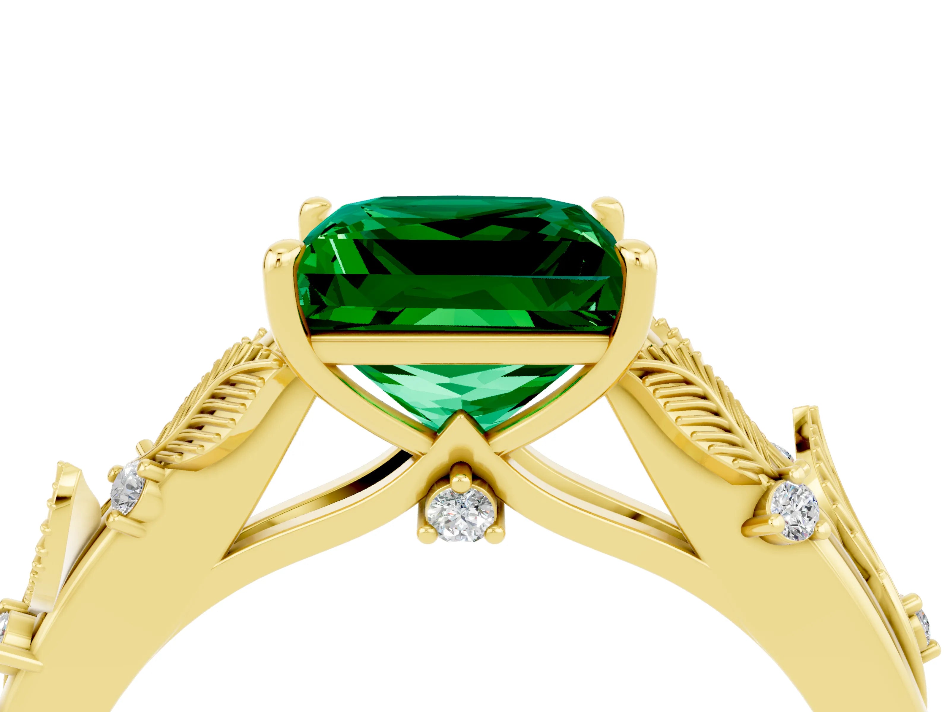 Yellow gold Princess Cut Emerald Solitaire Ring with Leaf Motif Band and Four-Prong Setting_4