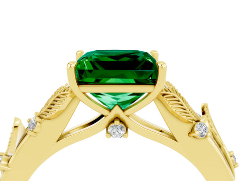 Yellow gold Princess Cut Emerald Solitaire Ring with Leaf Motif Band and Four-Prong Setting_4