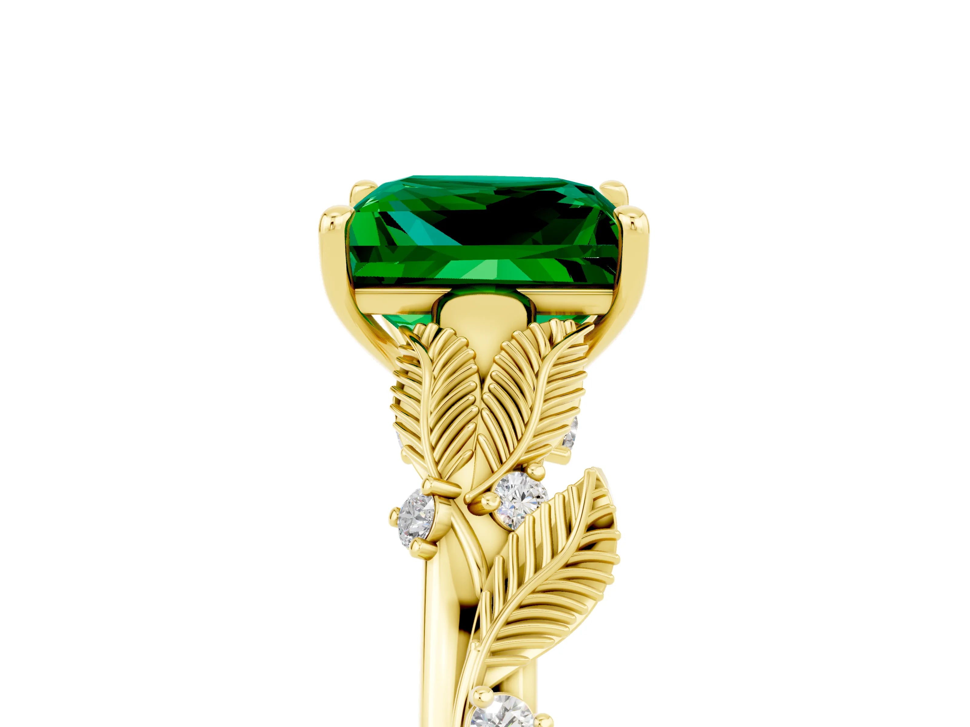 Yellow gold Princess Cut Emerald Solitaire Ring with Leaf Motif Band and Four-Prong Setting_5