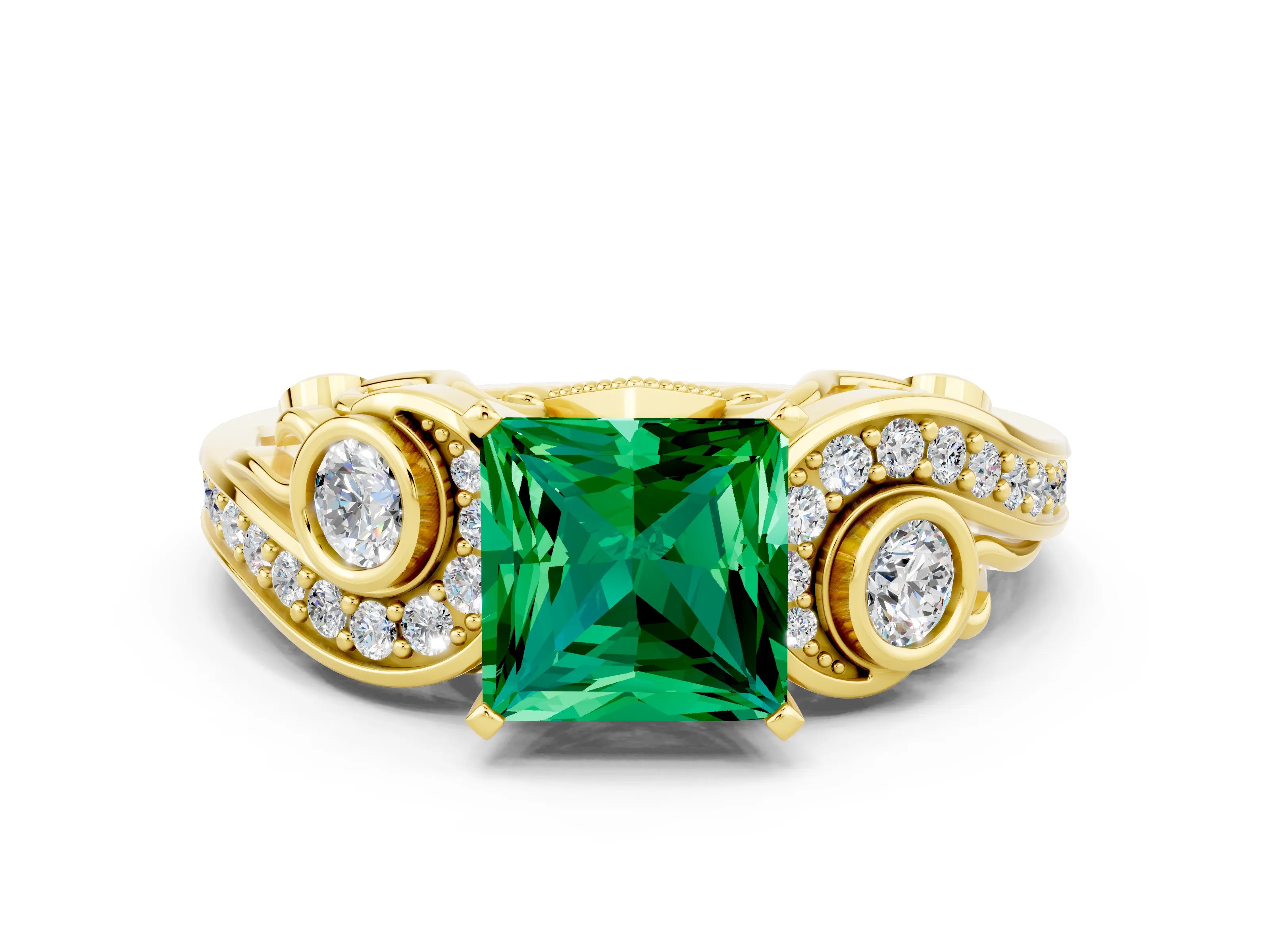 Yellow gold Princess Cut Emerald Solitaire Ring with Milgrain Pavé Band and Four-Prong Setting_24