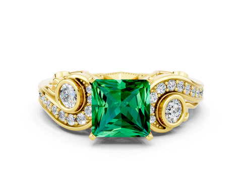 Yellow gold Princess Cut Emerald Solitaire Ring with Milgrain Pavé Band and Four-Prong Setting_24