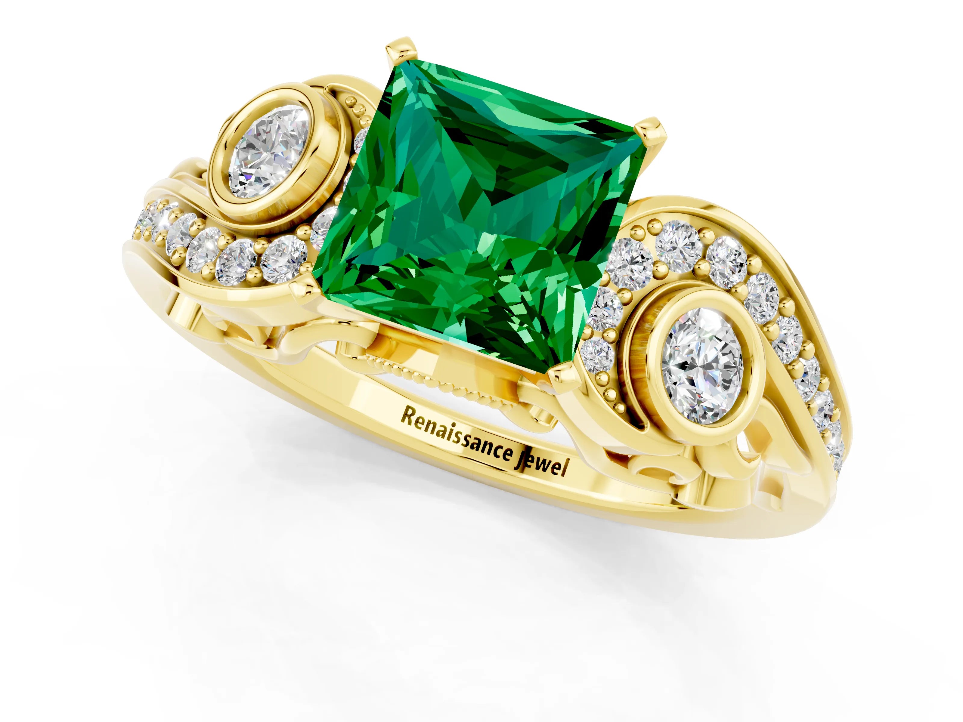 Yellow gold Princess Cut Emerald Solitaire Ring with Milgrain Pavé Band and Four-Prong Setting_25