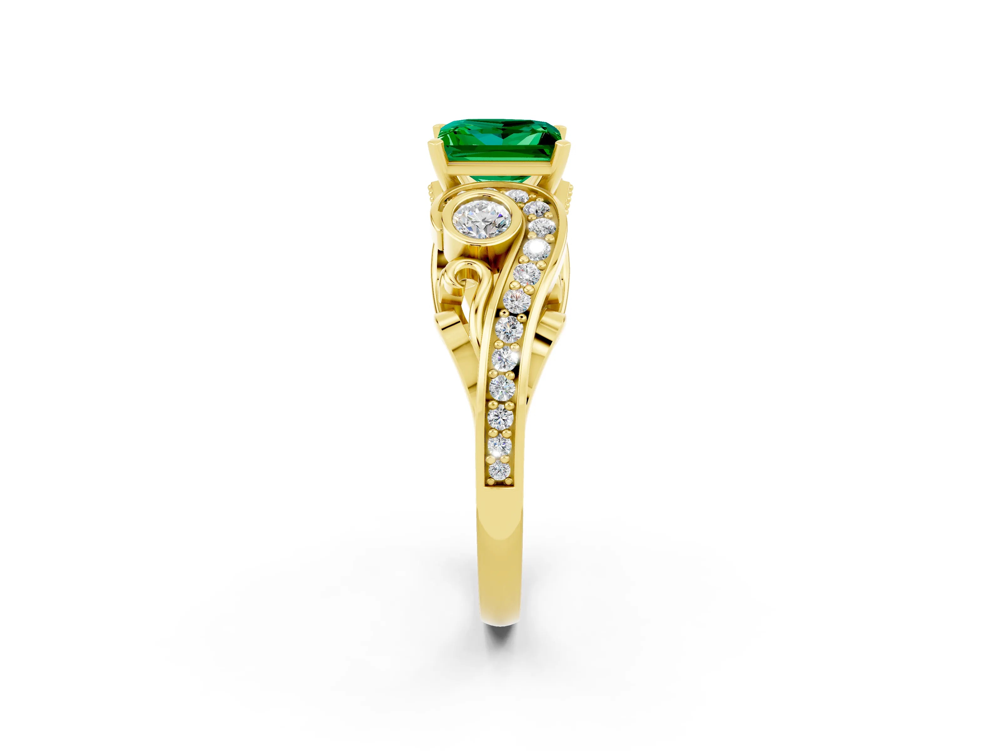 Yellow gold Princess Cut Emerald Solitaire Ring with Milgrain Pavé Band and Four-Prong Setting_26