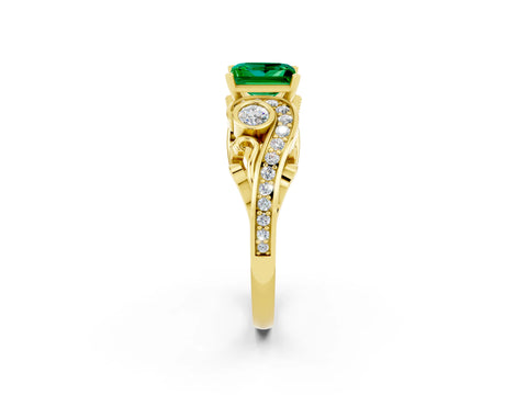Yellow gold Princess Cut Emerald Solitaire Ring with Milgrain Pavé Band and Four-Prong Setting_26