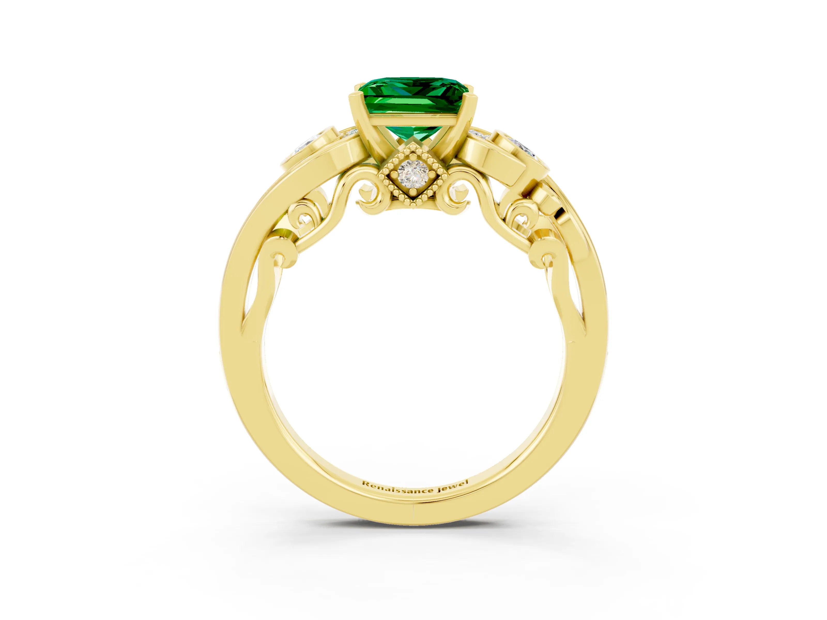 Yellow gold Princess Cut Emerald Solitaire Ring with Milgrain Pavé Band and Four-Prong Setting_27