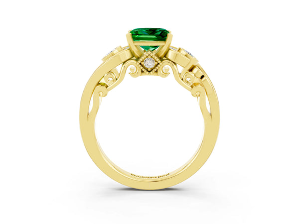 Yellow gold Princess Cut Emerald Solitaire Ring with Milgrain Pavé Band and Four-Prong Setting