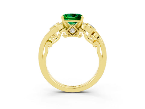 Yellow gold Princess Cut Emerald Solitaire Ring with Milgrain Pavé Band and Four-Prong Setting_27