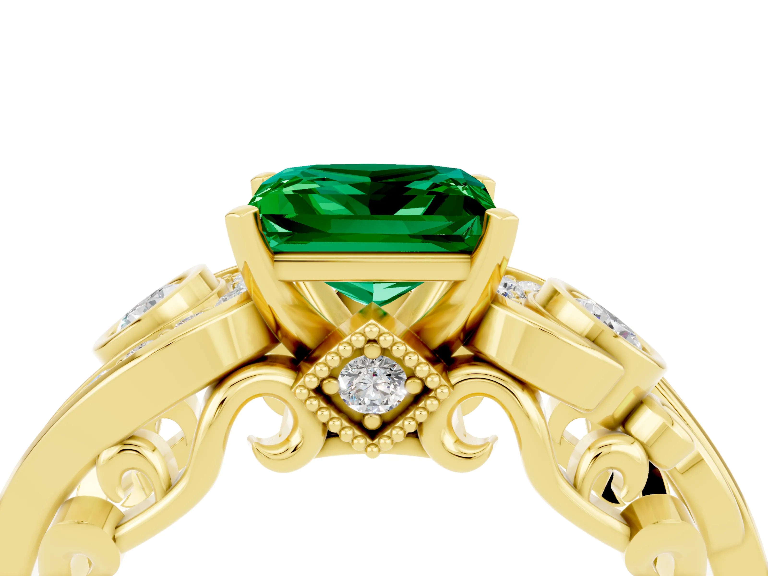 Yellow gold Princess Cut Emerald Solitaire Ring with Milgrain Pavé Band and Four-Prong Setting_28