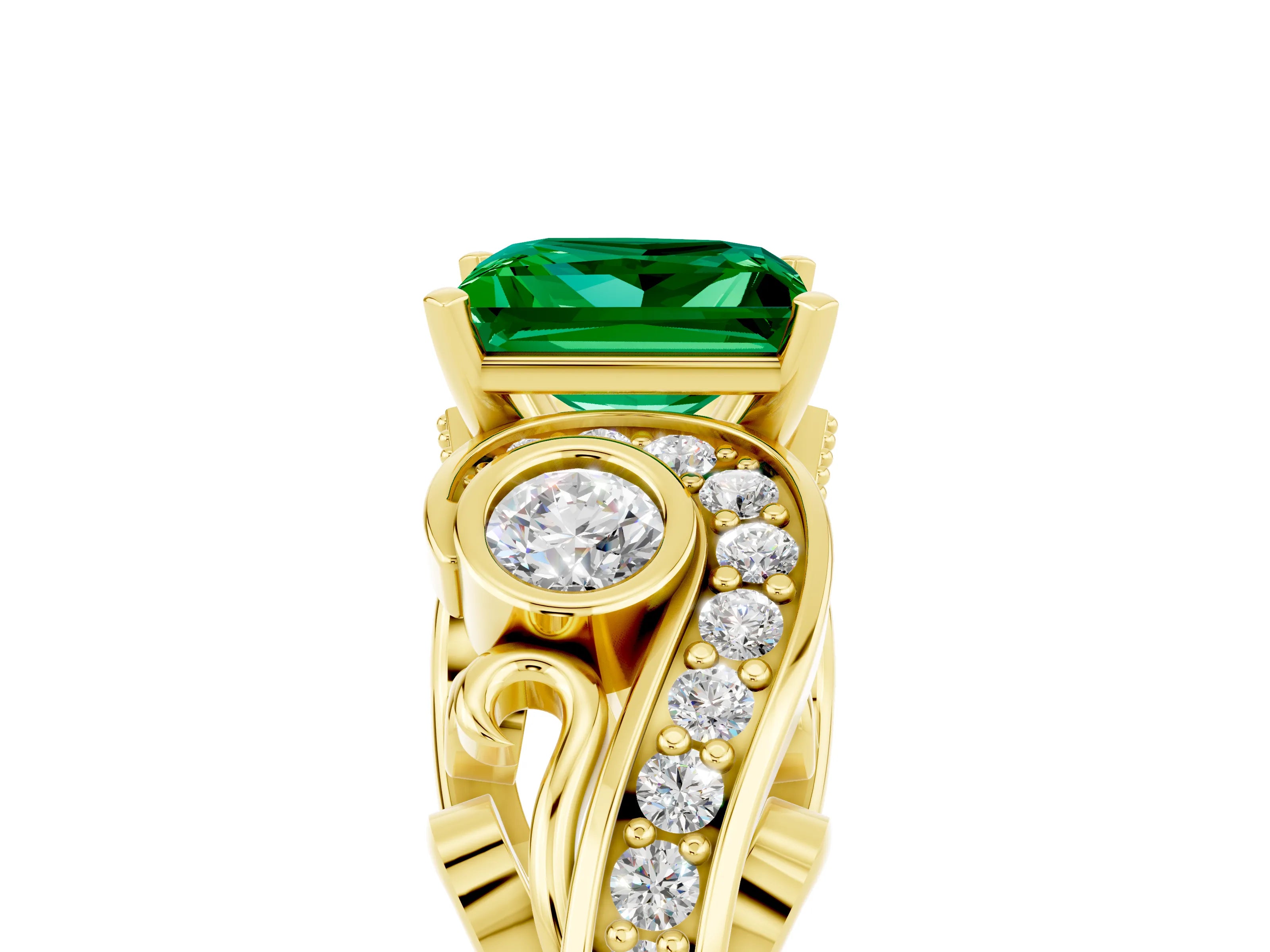 Yellow gold Princess Cut Emerald Solitaire Ring with Milgrain Pavé Band and Four-Prong Setting_29