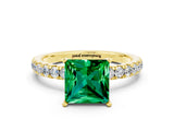 Yellow gold Princess Cut Emerald Solitaire Ring with Pavé Accents and Four-Prong Setting