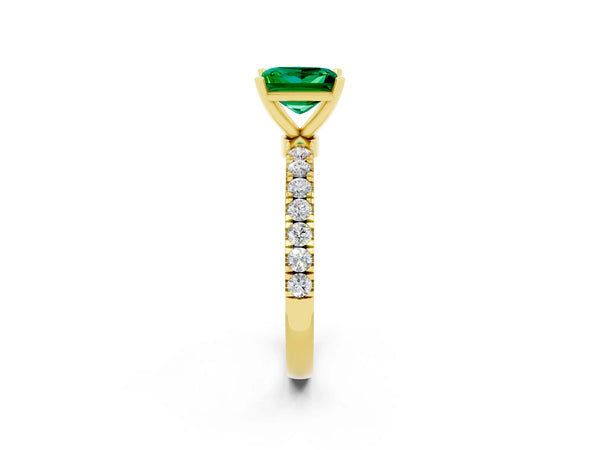 Yellow gold Princess Cut Emerald Solitaire Ring with Pavé Accents and Four-Prong Setting