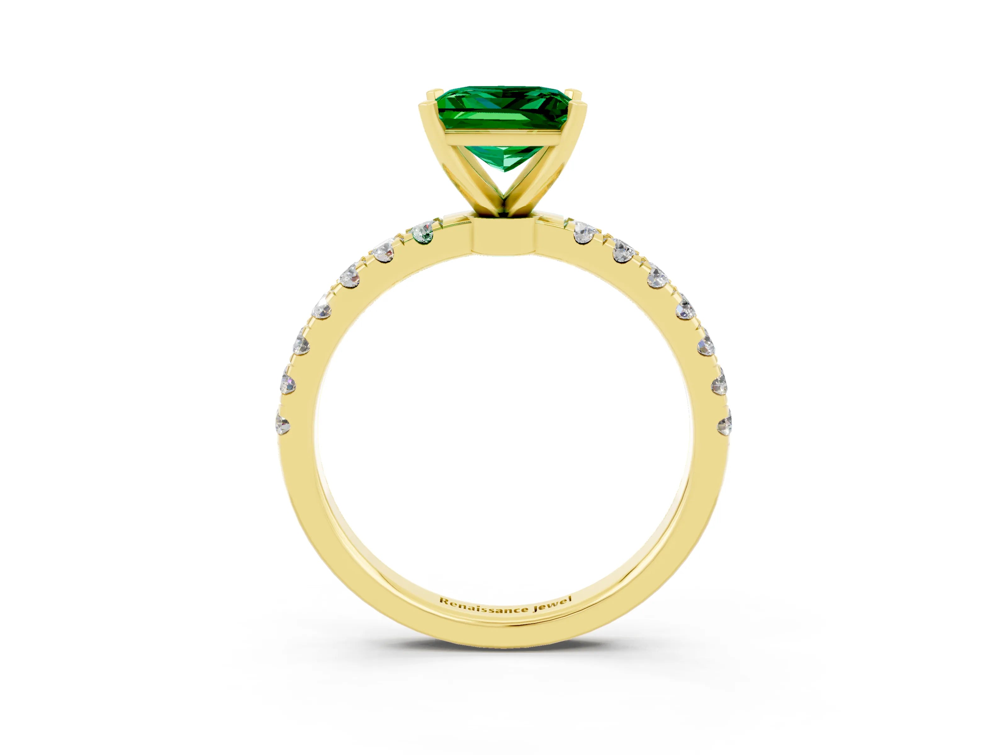 Yellow gold Princess Cut Emerald Solitaire Ring with Pavé Accents and Four-Prong Setting_3