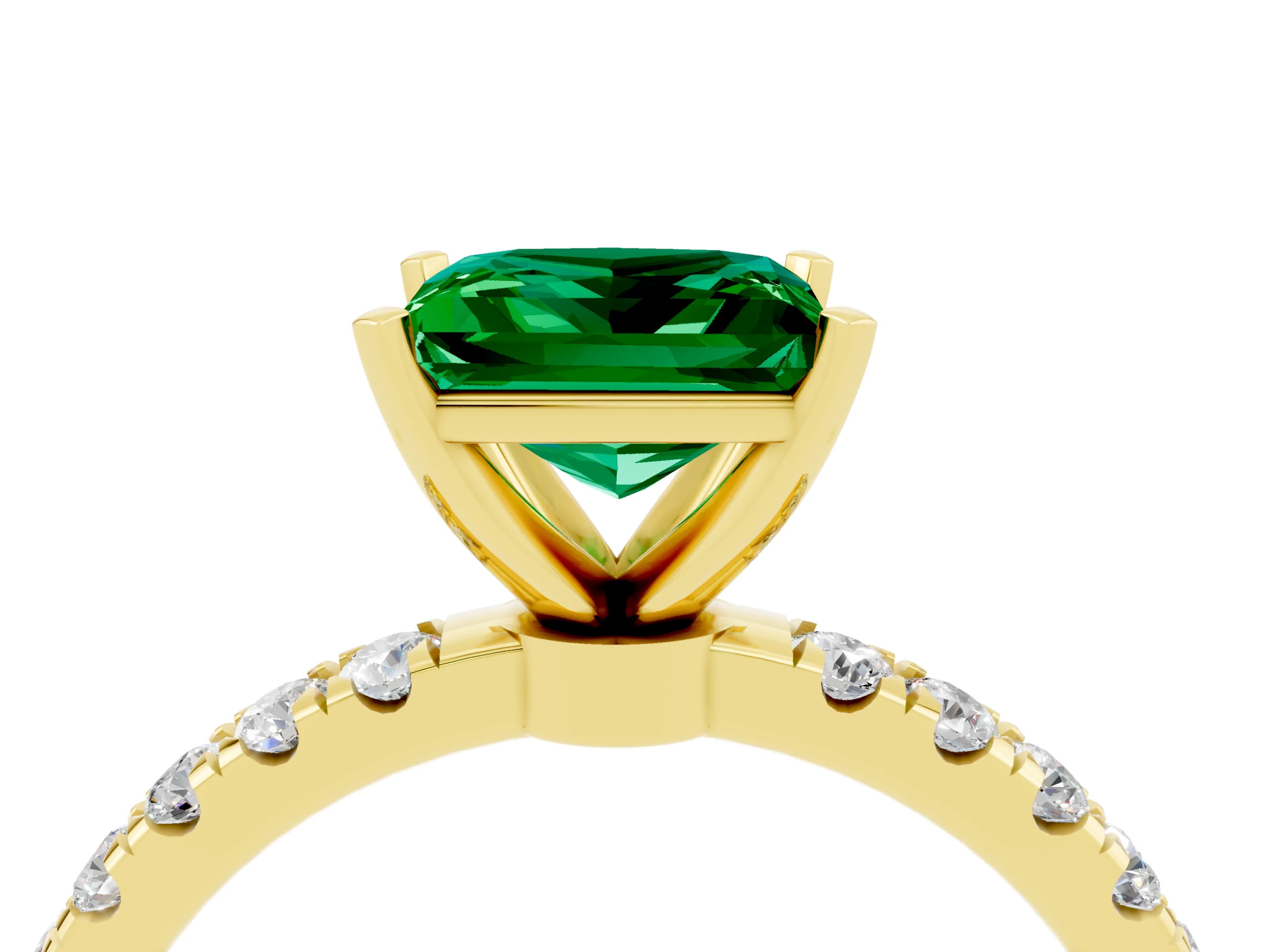 Yellow gold Princess Cut Emerald Solitaire Ring with Pavé Accents and Four-Prong Setting_4