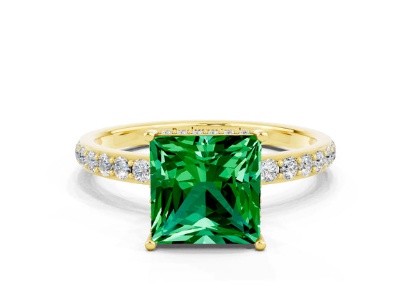 Yellow gold Princess Cut Emerald Solitaire Ring with Pavé Band and Hidden Halo