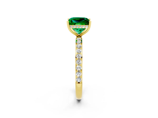 Yellow gold Princess Cut Emerald Solitaire Ring with Pavé Band and Hidden Halo
