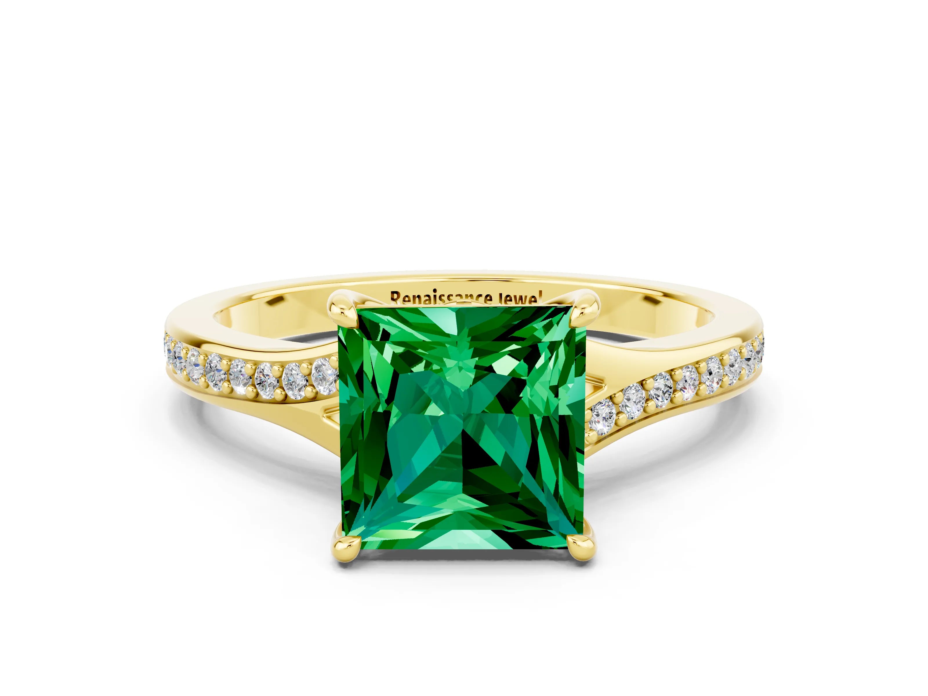 Yellow gold Princess Cut Emerald Solitaire Ring with Pavé Band and Prong Setting