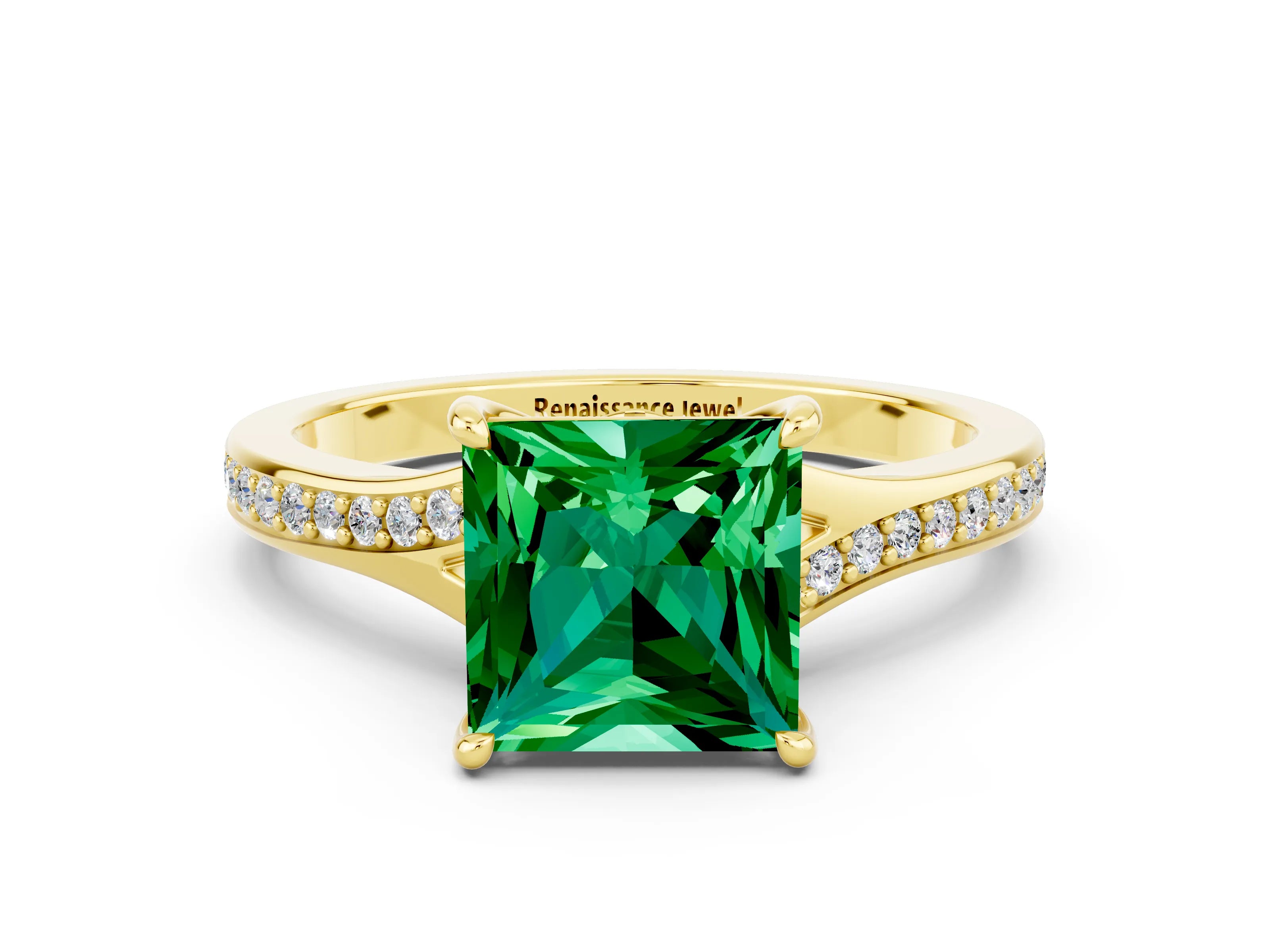Yellow gold Princess Cut Emerald Solitaire Ring with Pavé Band and Prong Setting_12