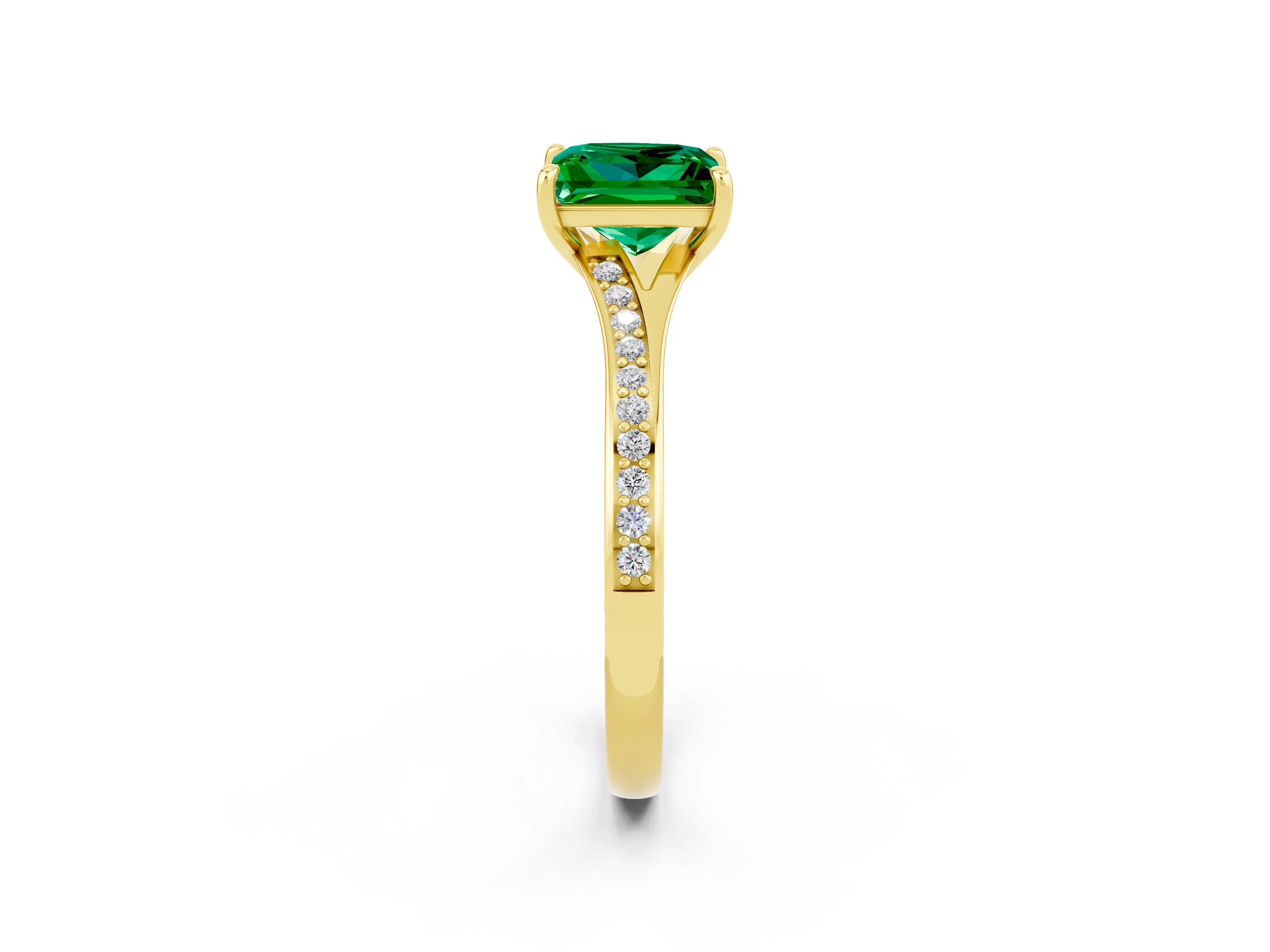 Yellow gold Princess Cut Emerald Solitaire Ring with Pavé Band and Prong Setting_14