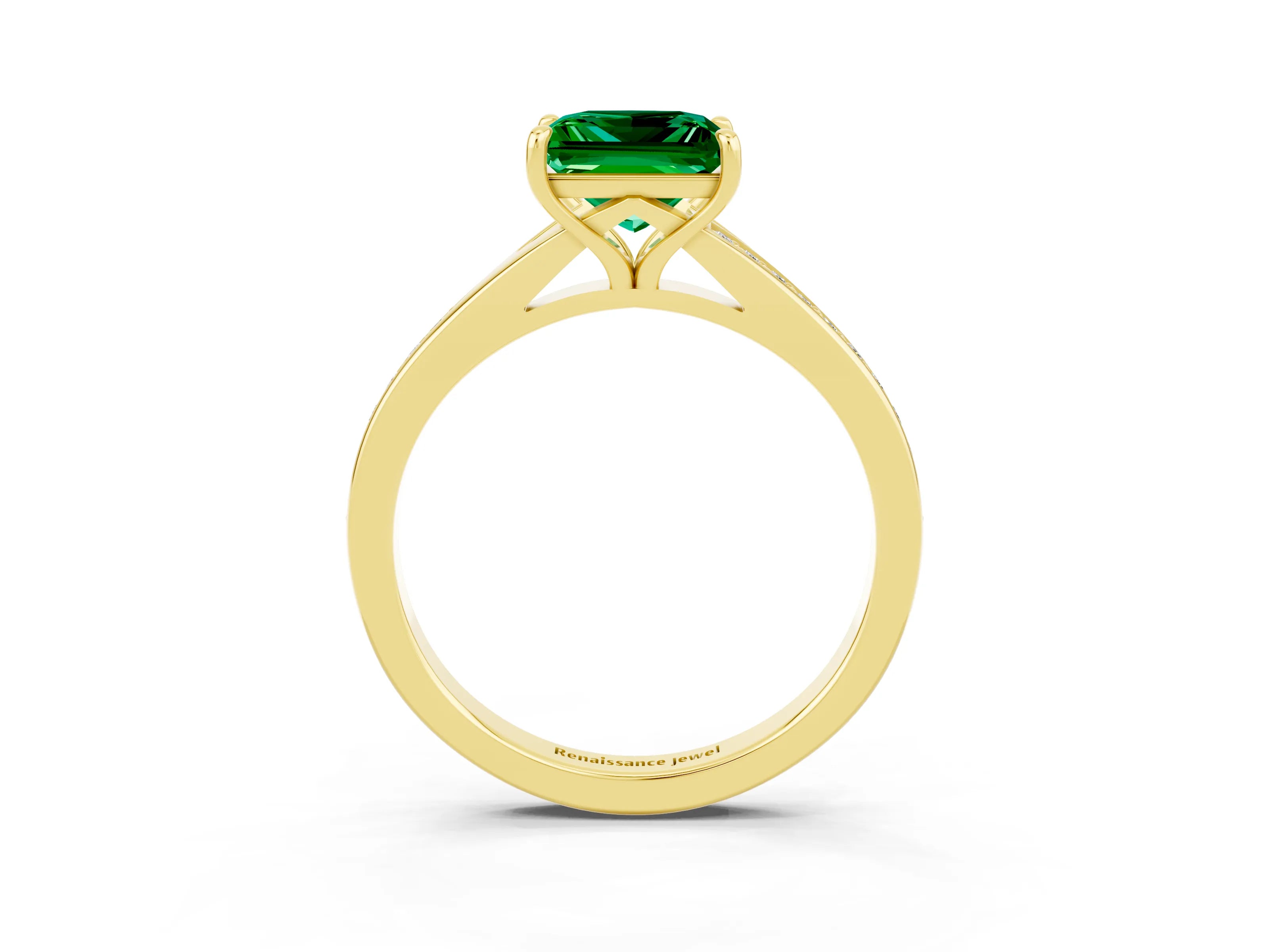 Yellow gold Princess Cut Emerald Solitaire Ring with Pavé Band and Prong Setting_15