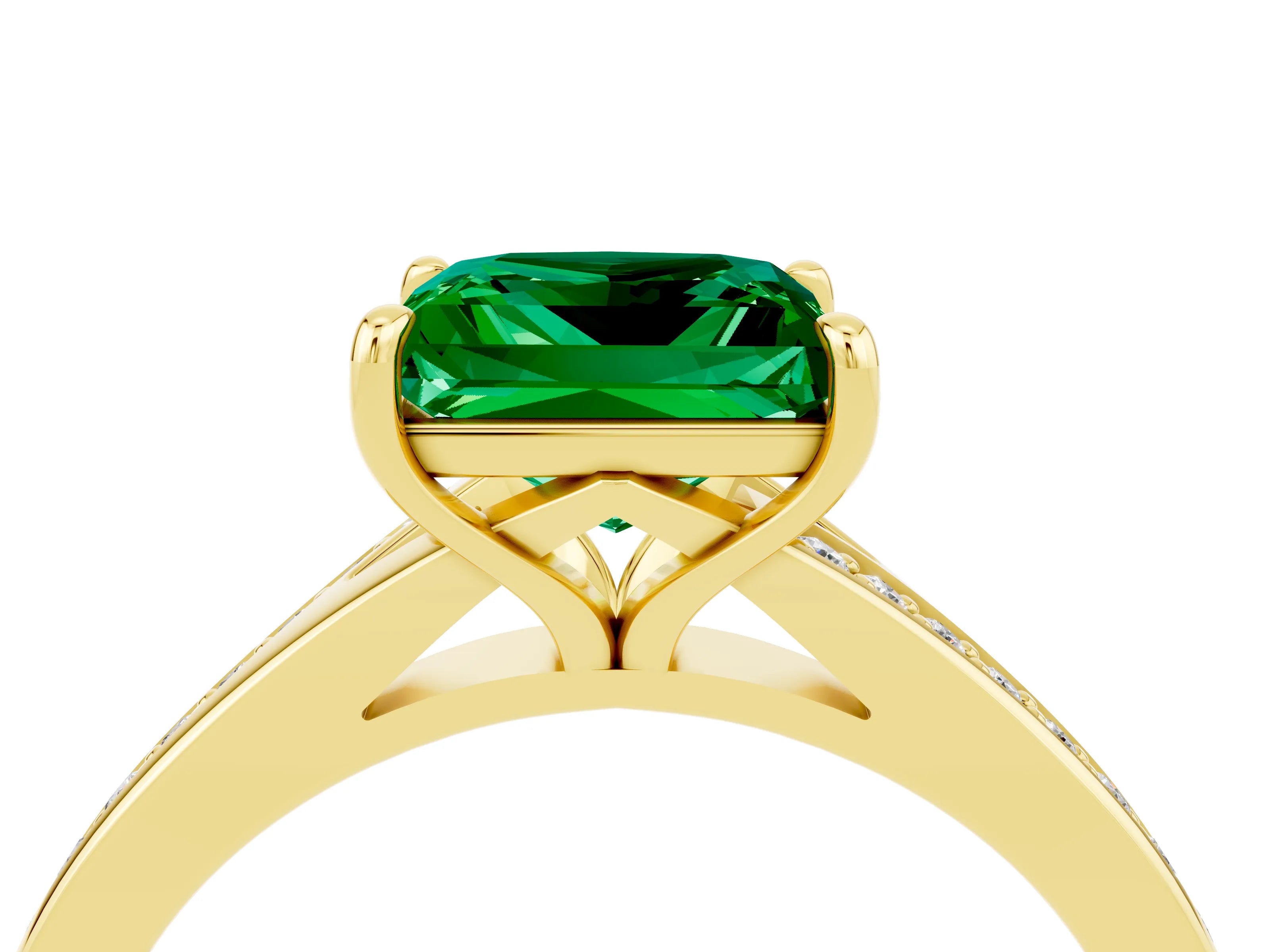 Yellow gold Princess Cut Emerald Solitaire Ring with Pavé Band and Prong Setting_16