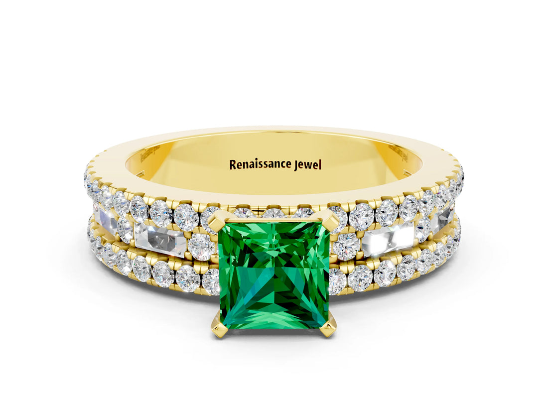 Yellow gold Princess Cut Emerald Solitaire Ring with Pavé and Channel Set Band