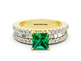 Yellow gold Princess Cut Emerald Solitaire Ring with Pavé and Channel Set Band