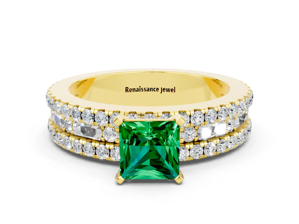 Yellow gold Princess Cut Emerald Solitaire Ring with Pavé and Channel Set Band
