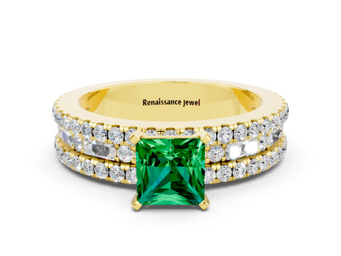Yellow gold Princess Cut Emerald Solitaire Ring with Pavé and Channel Set Band