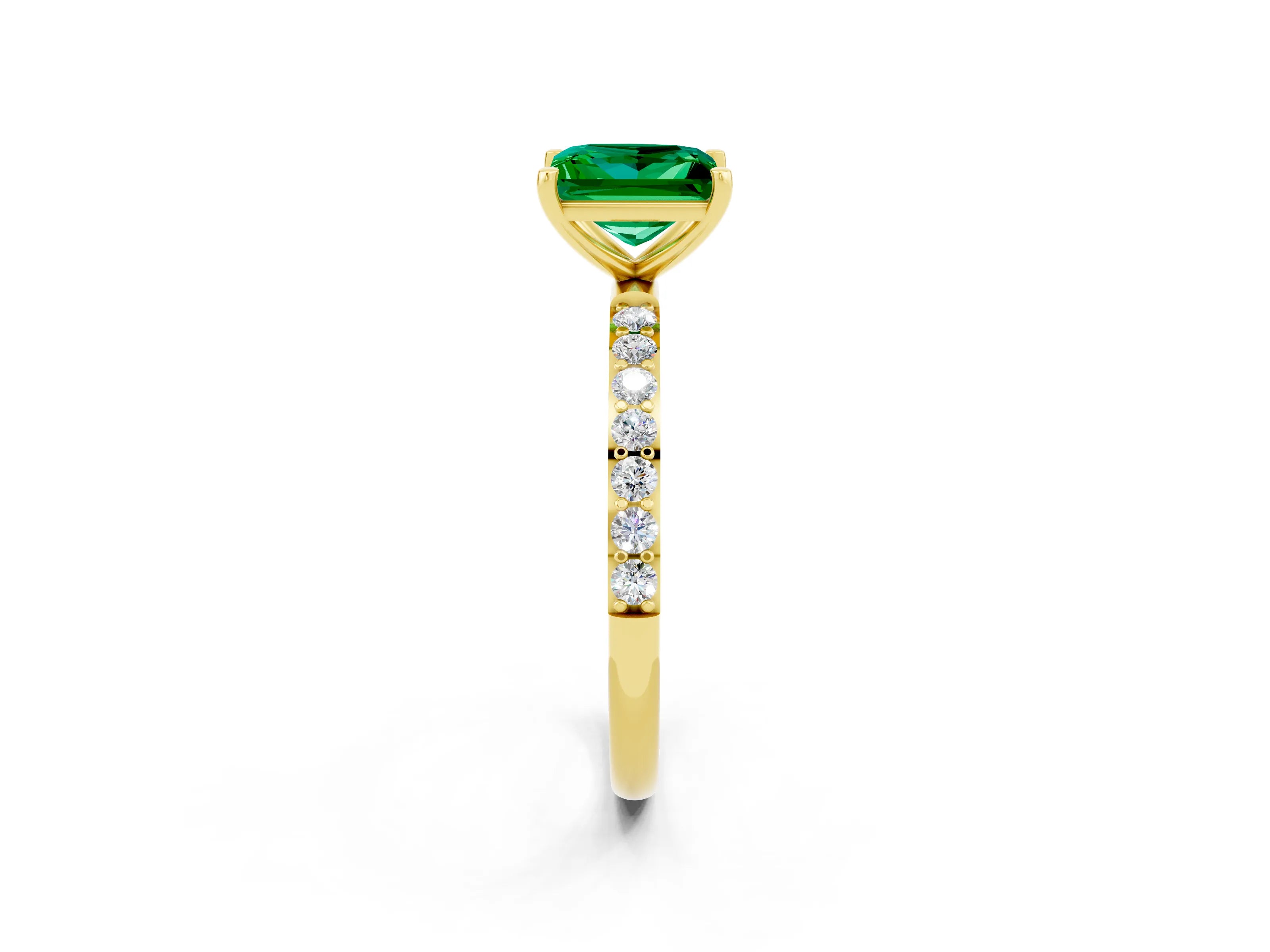 Yellow gold Princess Cut Emerald Solitaire Ring with Pave Band and Four Prong Setting_26