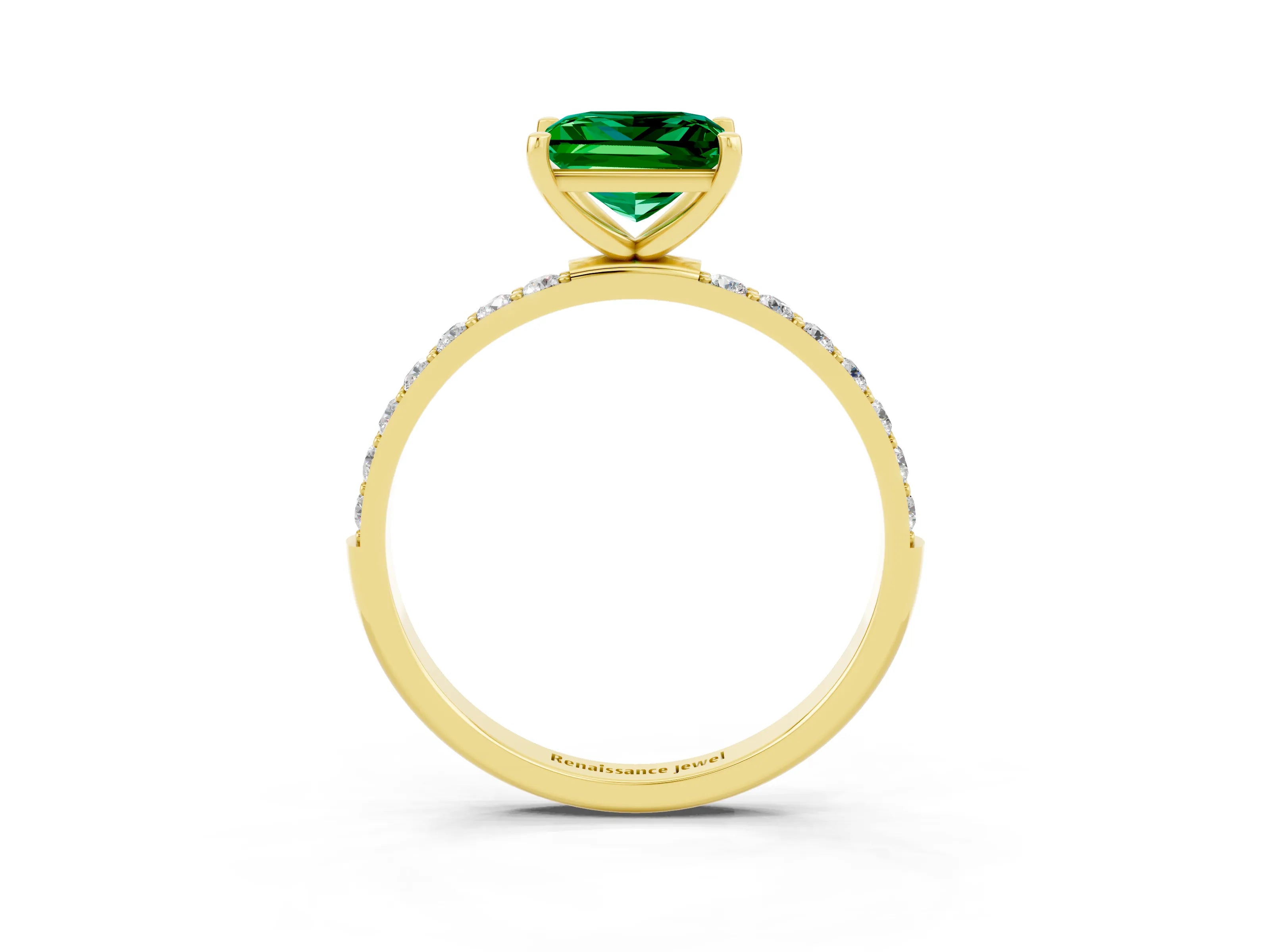 Yellow gold Princess Cut Emerald Solitaire Ring with Pave Band and Four Prong Setting_27