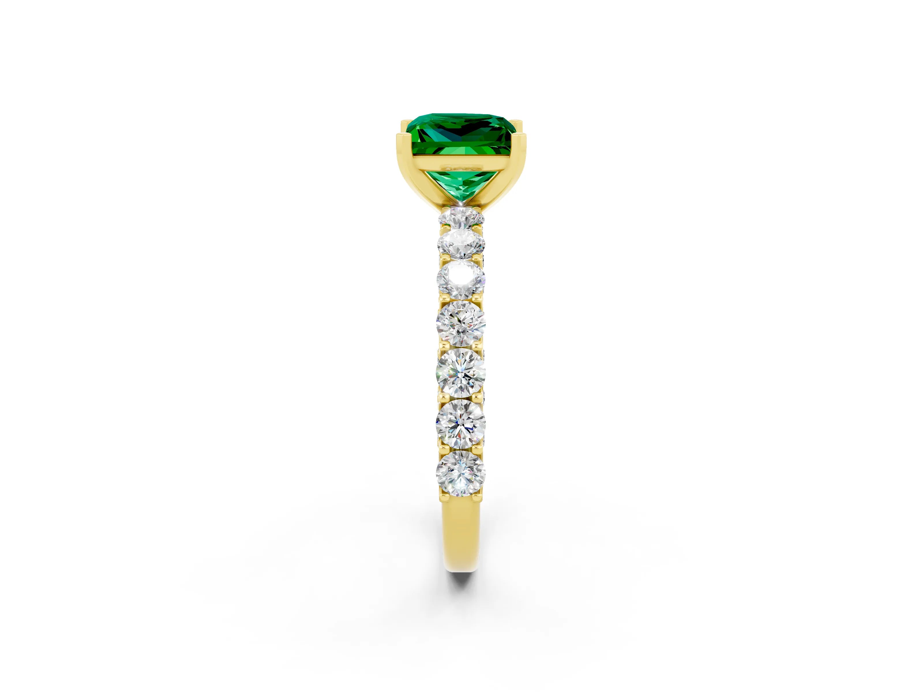 Yellow gold Princess Cut Emerald Solitaire Ring with Shared Prong Pavé Band and Four-Prong Setting_2