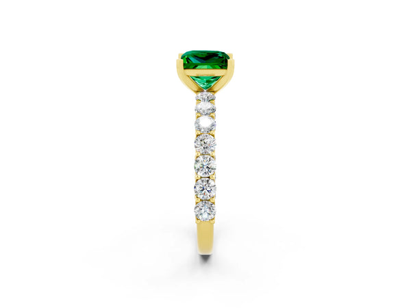 Yellow gold Princess Cut Emerald Solitaire Ring with Shared Prong Pavé Band and Four-Prong Setting