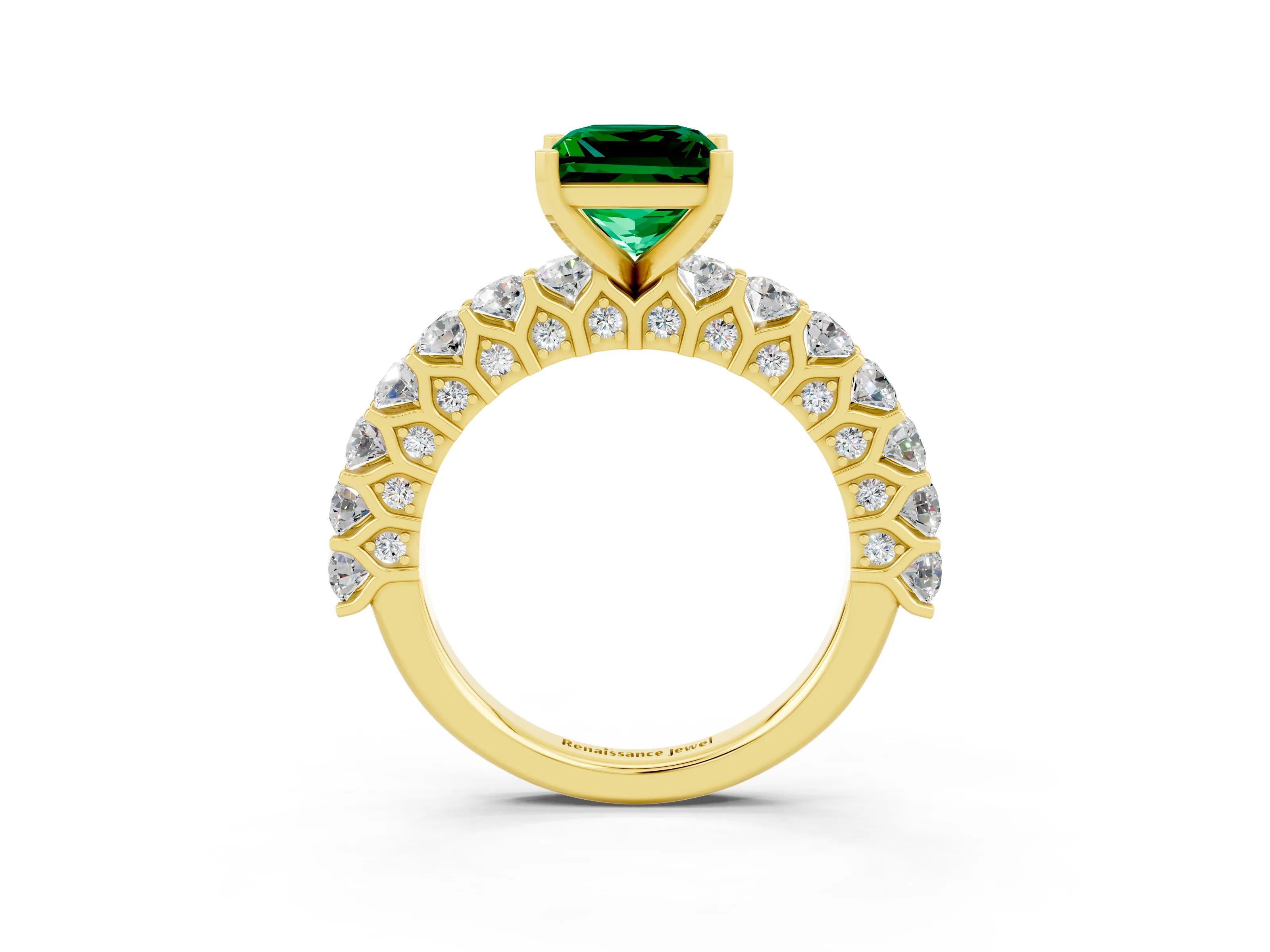 Yellow gold Princess Cut Emerald Solitaire Ring with Shared Prong Pavé Band and Four-Prong Setting_3