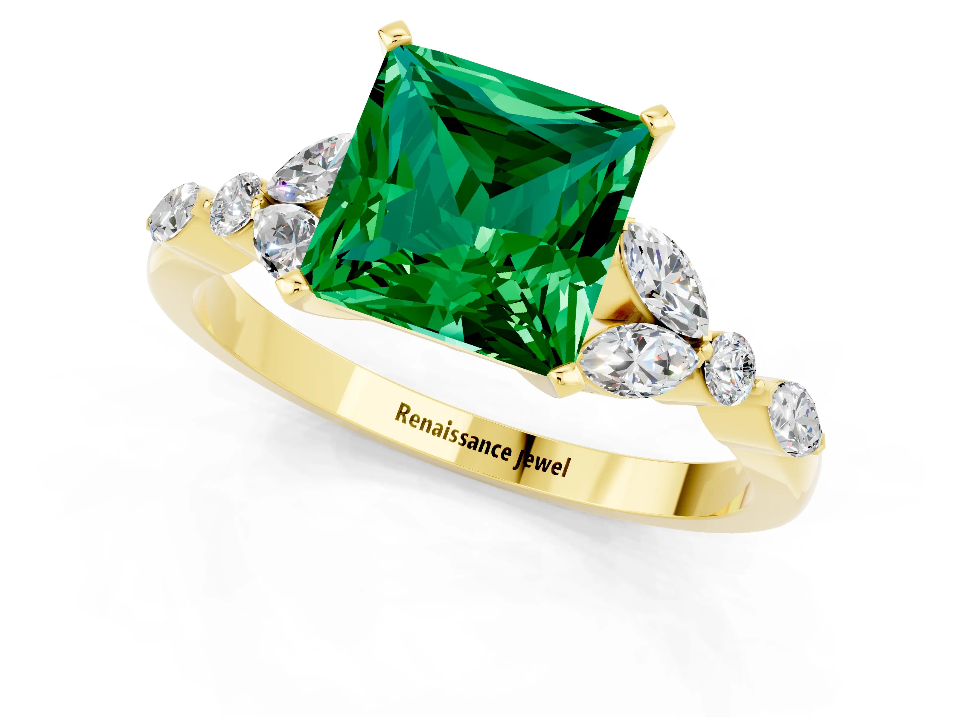 Yellow gold Princess Cut Emerald Solitaire Ring with Side Stones and Four-Prong Setting_13