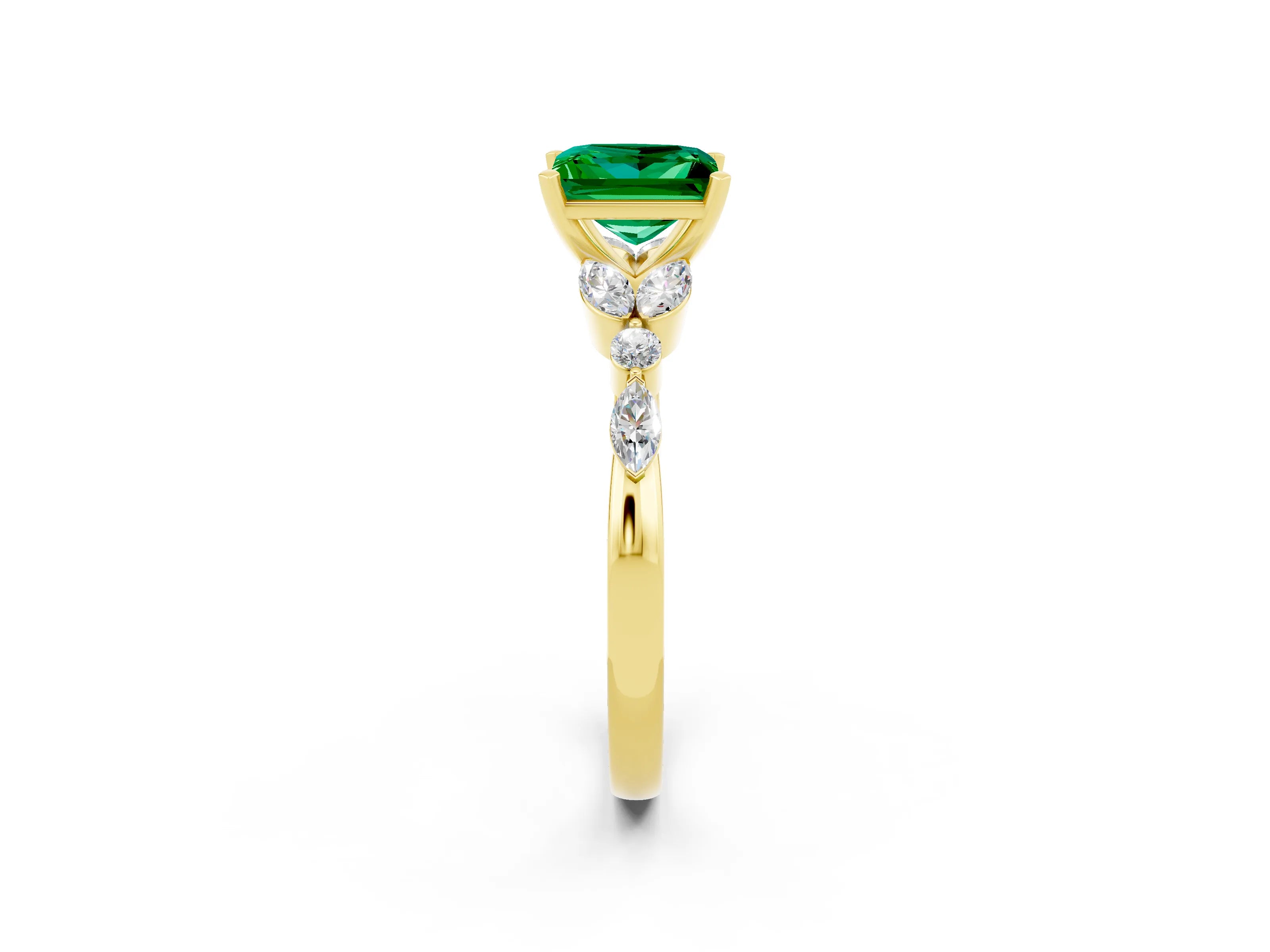 Yellow gold Princess Cut Emerald Solitaire Ring with Side Stones and Four-Prong Setting_14