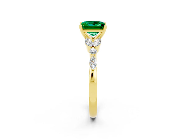 Yellow gold Princess Cut Emerald Solitaire Ring with Side Stones and Four-Prong Setting