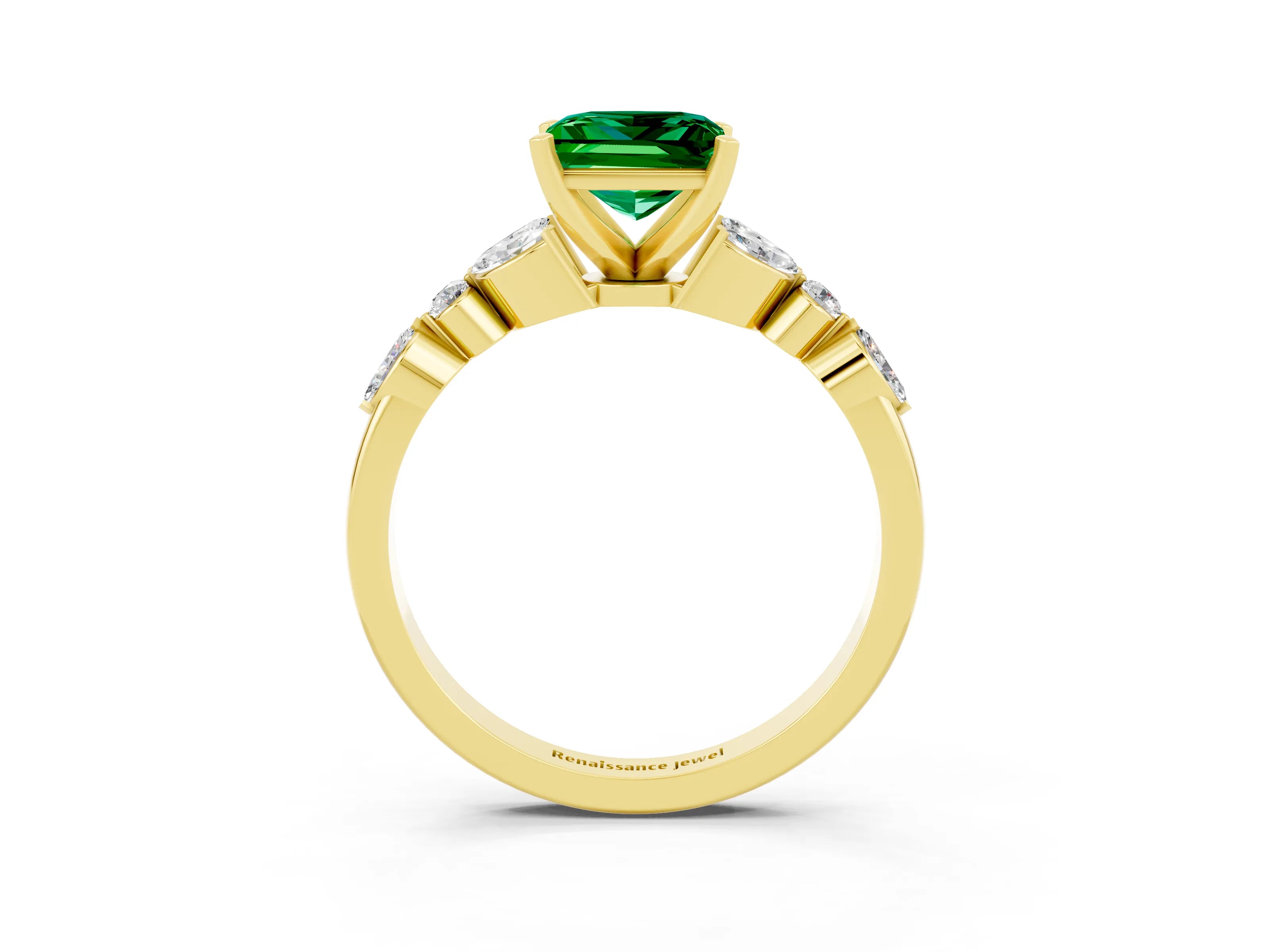 Yellow gold Princess Cut Emerald Solitaire Ring with Side Stones and Four-Prong Setting_15