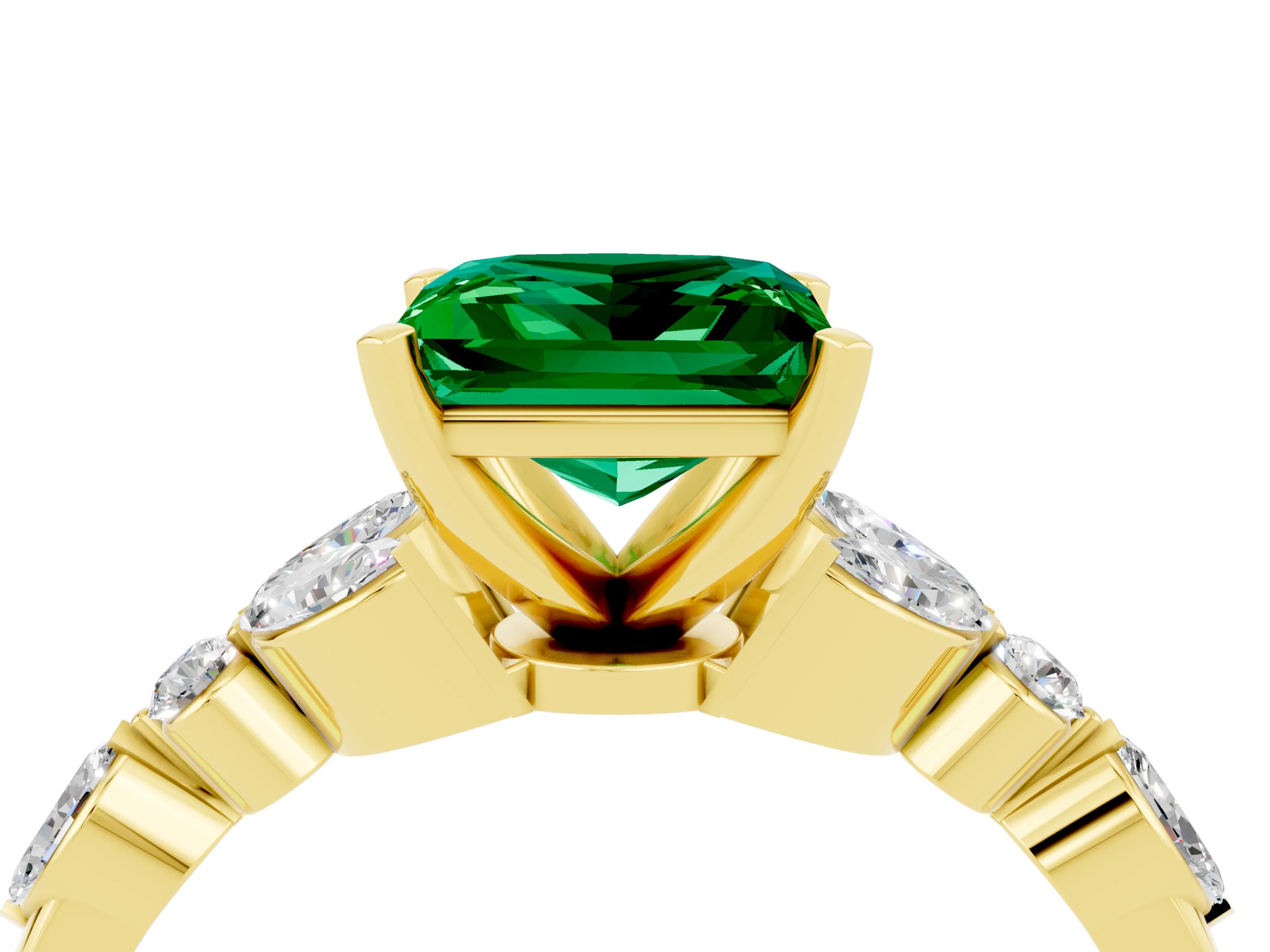 Yellow gold Princess Cut Emerald Solitaire Ring with Side Stones and Four-Prong Setting_16
