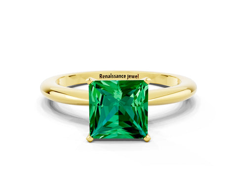 Yellow gold Princess Cut Emerald Solitaire Ring with Six-Prong Setting and Classic Band