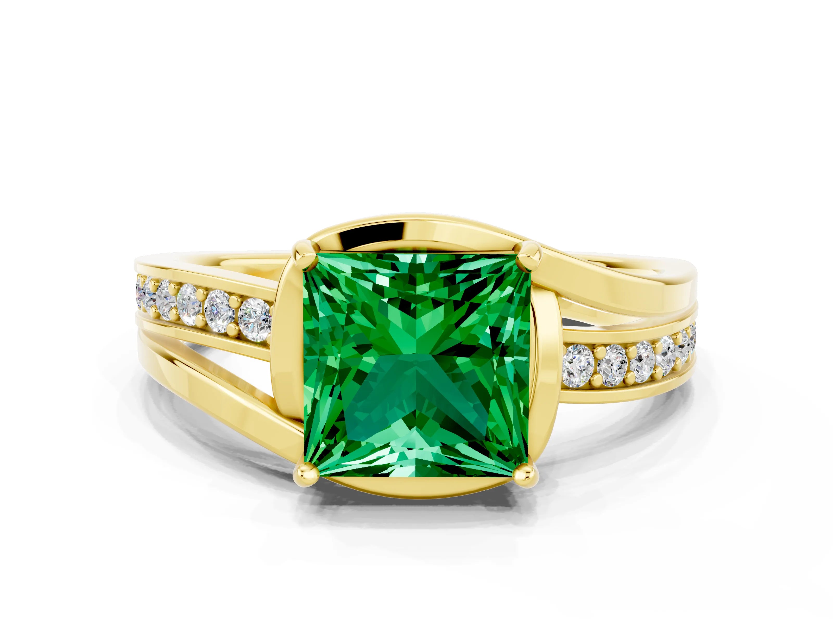 Yellow gold Princess Cut Emerald Solitaire Ring with Split Shank and Prong Setting