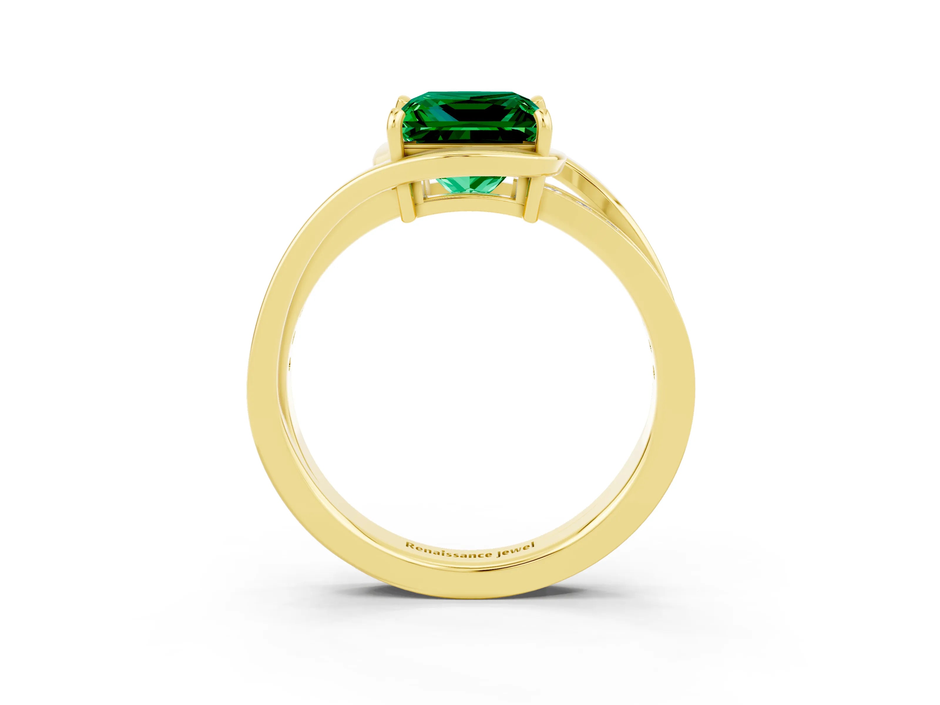 Yellow gold Princess Cut Emerald Solitaire Ring with Split Shank and Prong Setting_3
