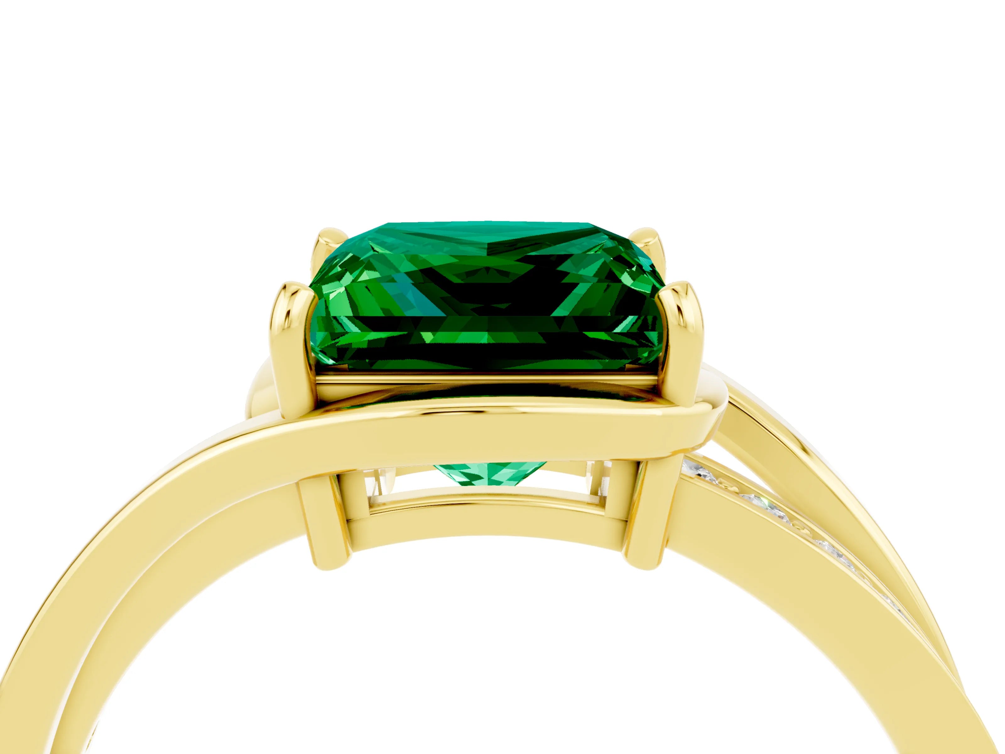 Yellow gold Princess Cut Emerald Solitaire Ring with Split Shank and Prong Setting_4