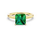 Yellow gold Princess Cut Emerald Solitaire Ring with Thin Band and Four-Prong Setting