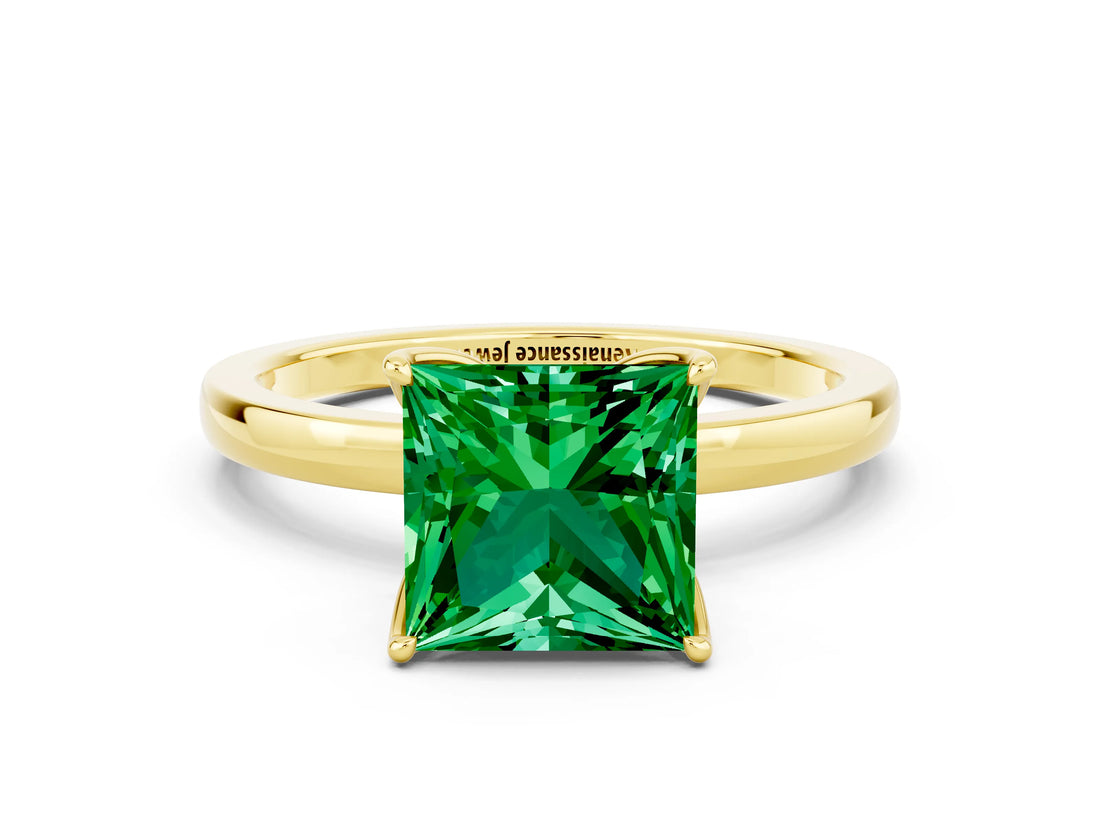 Yellow gold Princess Cut Emerald Solitaire Ring with Thin Band and Prong Setting_24