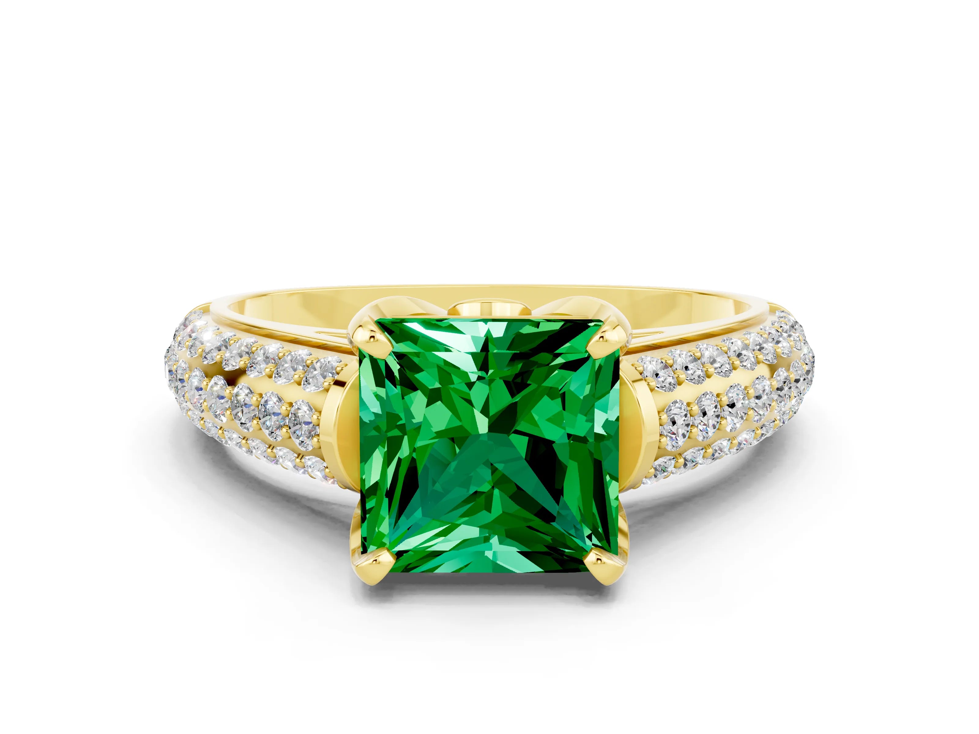 Yellow gold Princess Cut Emerald Solitaire Ring with Three-Row Pavé Band and Four-Prong Setting_12