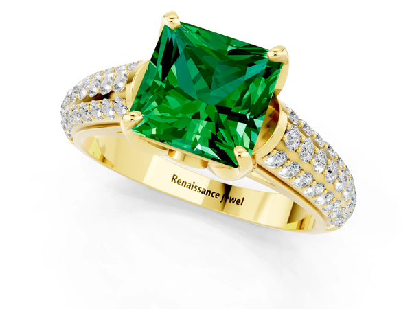Yellow gold Princess Cut Emerald Solitaire Ring with Three-Row Pavé Band and Four-Prong Setting