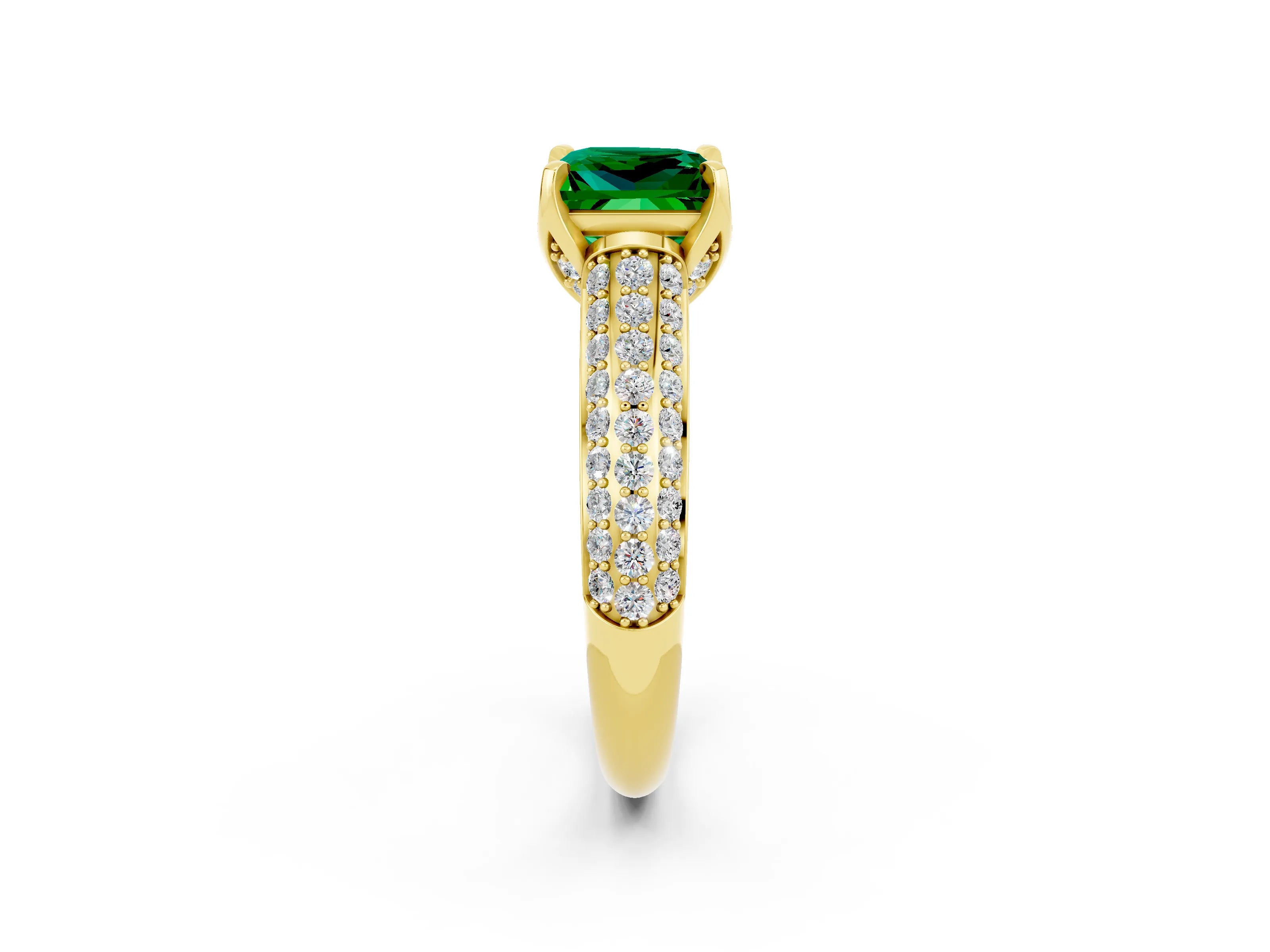 Yellow gold Princess Cut Emerald Solitaire Ring with Three-Row Pavé Band and Four-Prong Setting_14